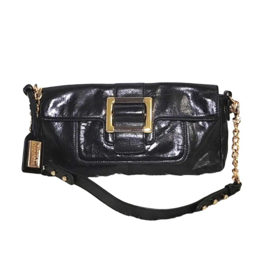 Badgley Mischka Abbie black leather bag detachable shoulder strap/gold chain